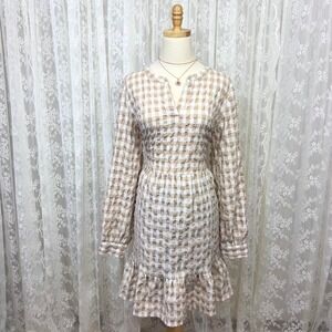 Vero Moda Brown White Gingham Checked Dress‎ Long Sleeves Cottagecore Fall XL